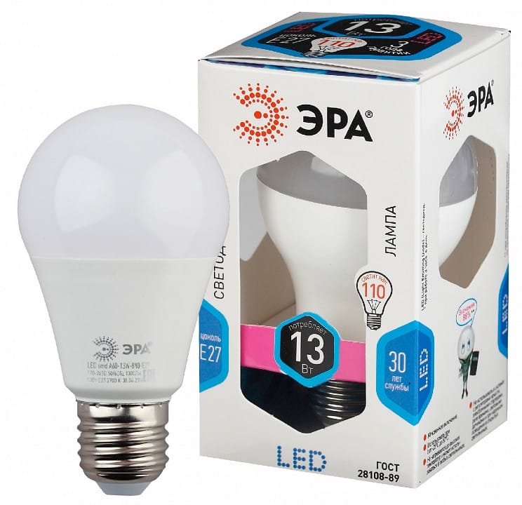 Лампа светодиодная Эра Стандарт E27 13Вт 4000K LED A60-13W-840-E27