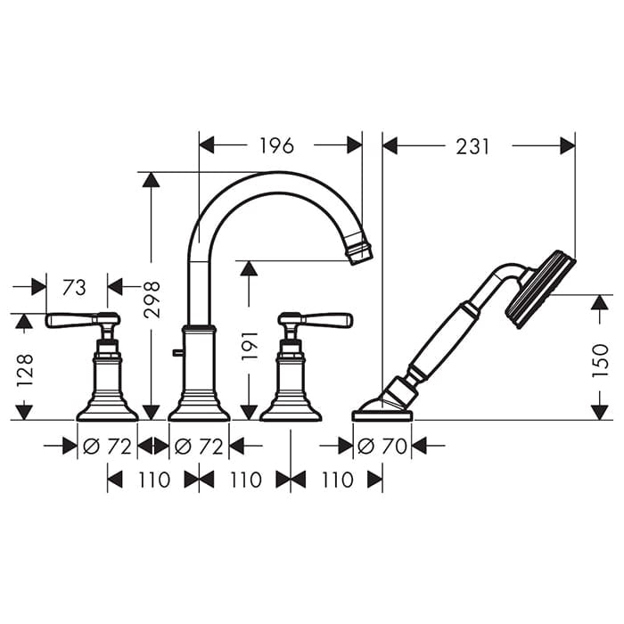 Смеситель на борт ванны Axor Montreux 16550340 с душевым гарнитуром шлифованный черный хром