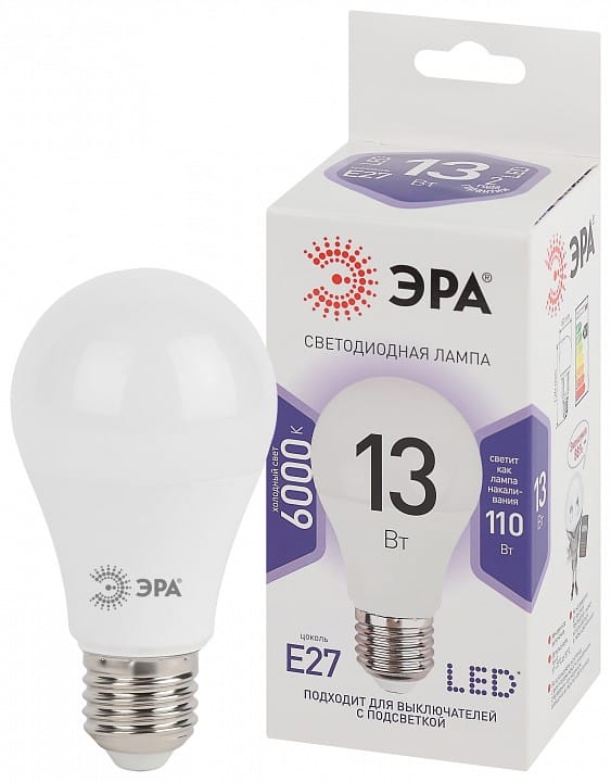 Лампа светодиодная Эра Стандарт E27 13Вт 6000K LED A60-13W-860-E27