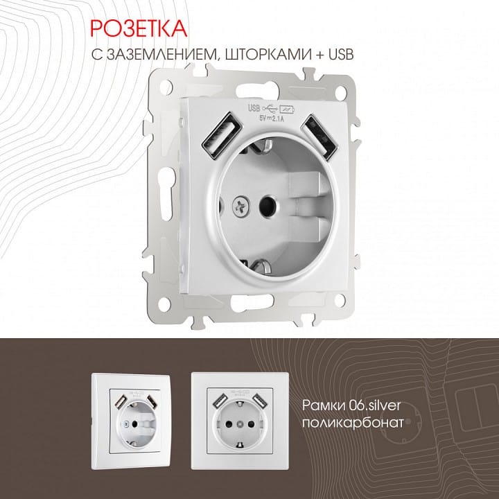 Розетка с заземлением и со шторкой и 2хUSB, без рамки Arte Milano am-206 206.47-1.silver