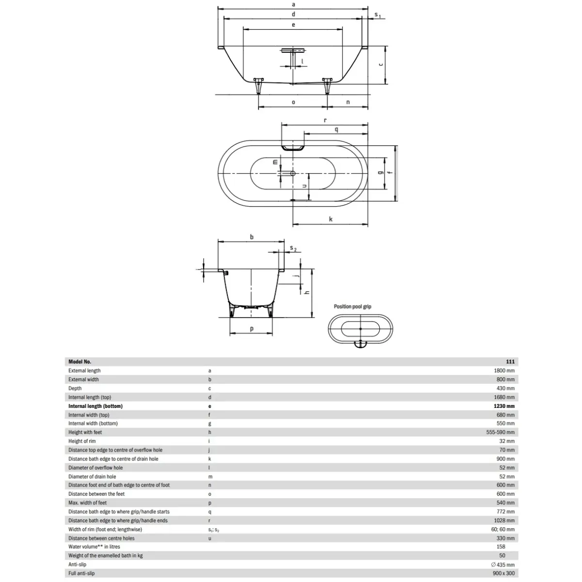 Ванна стальная Kaldewei Classic Duo Oval 111 291230003001 180x80 см, с антискользящим и водоотталкивающим покрытием, альпийский белый
