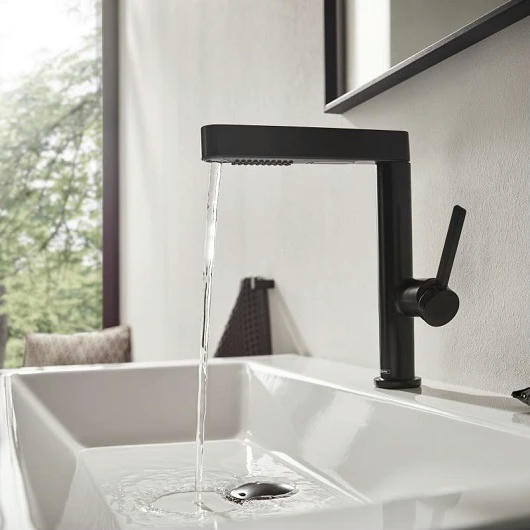 Смеситель для раковины hansgrohe Finoris 76063670 с вытяжным изливом со сливным клапаном Push-Open матовый черный