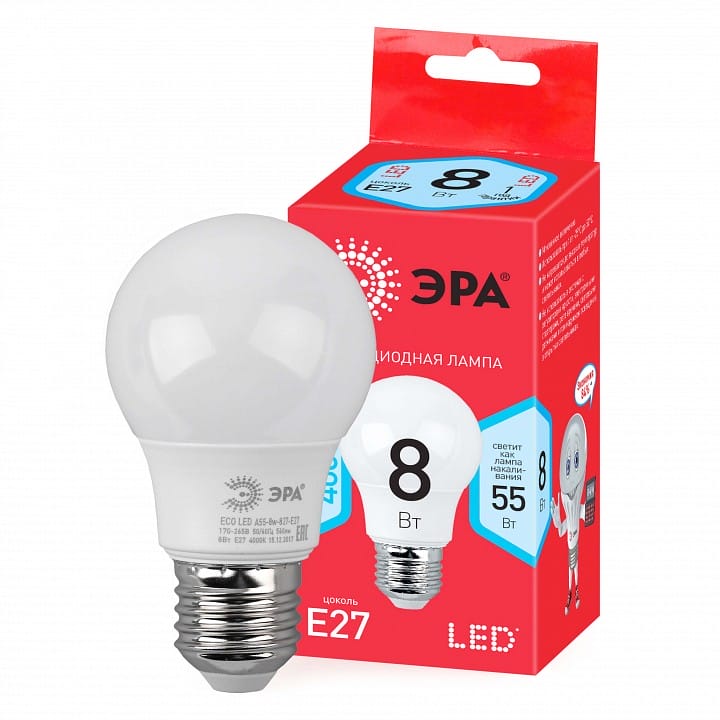 Лампа светодиодная Эра  E27 8Вт 4000K LED A55-8W-840-E27 R