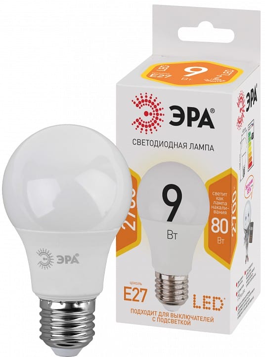 Лампа светодиодная Эра  E27 9Вт 2700K LED A60-9W-827-E27