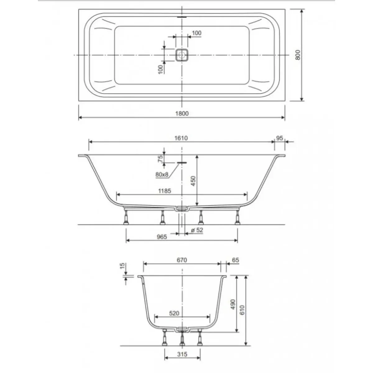 Ванна из литьевого мрамора Cezares Titan TITAN-VARIO-180-80-WL 180x80 см, белый