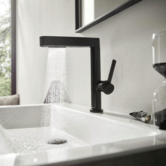 Смеситель для раковины hansgrohe Finoris 76063670 с вытяжным изливом со сливным клапаном Push-Open матовый черный