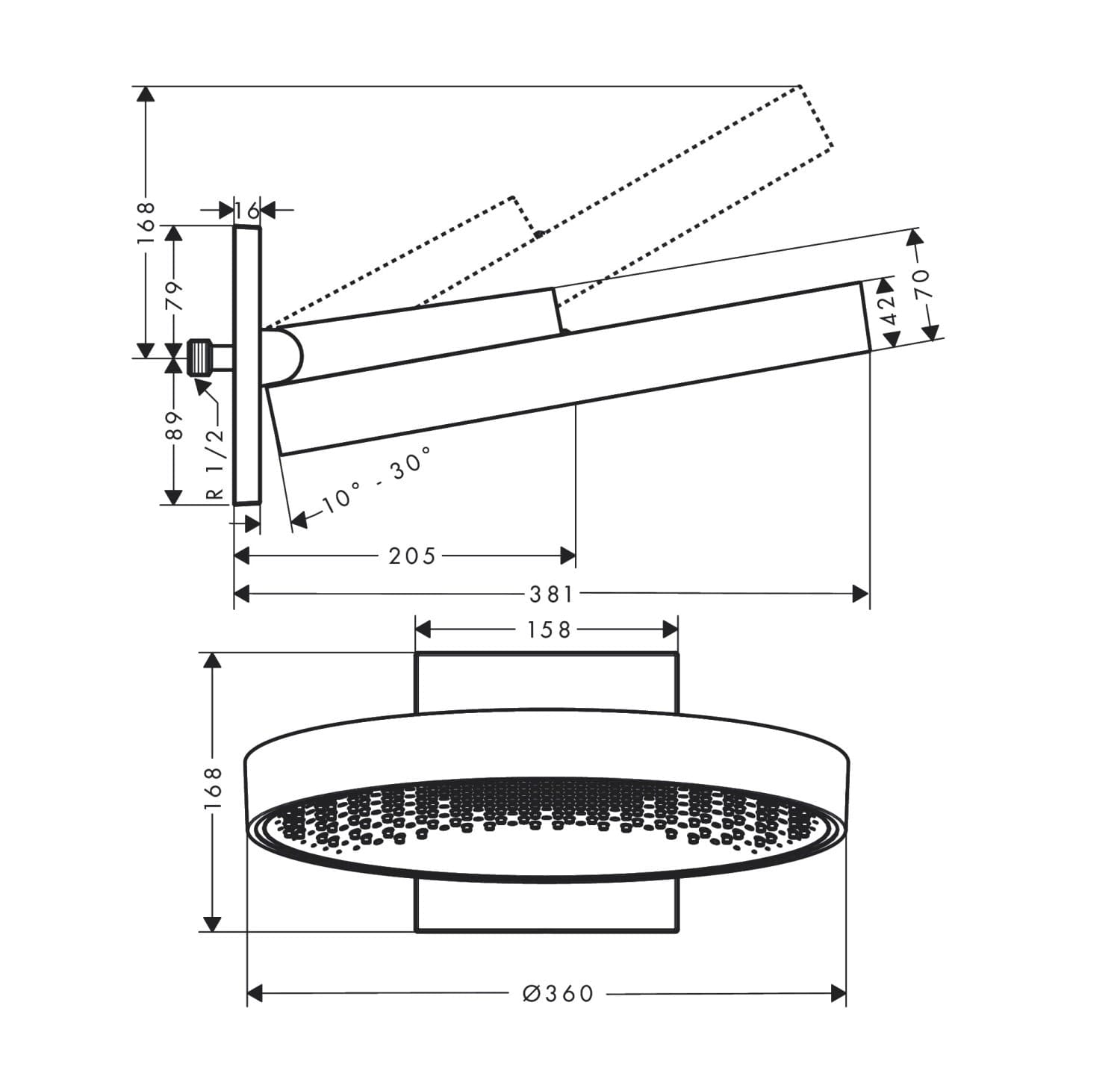 Верхний душ hansgrohe Rainfinity 360 1jet 26230670 с настенным креплением матовый черный