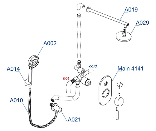 Комплект для душа WasserKRAFT A14129 с верхней душевой насадкой и лейкой