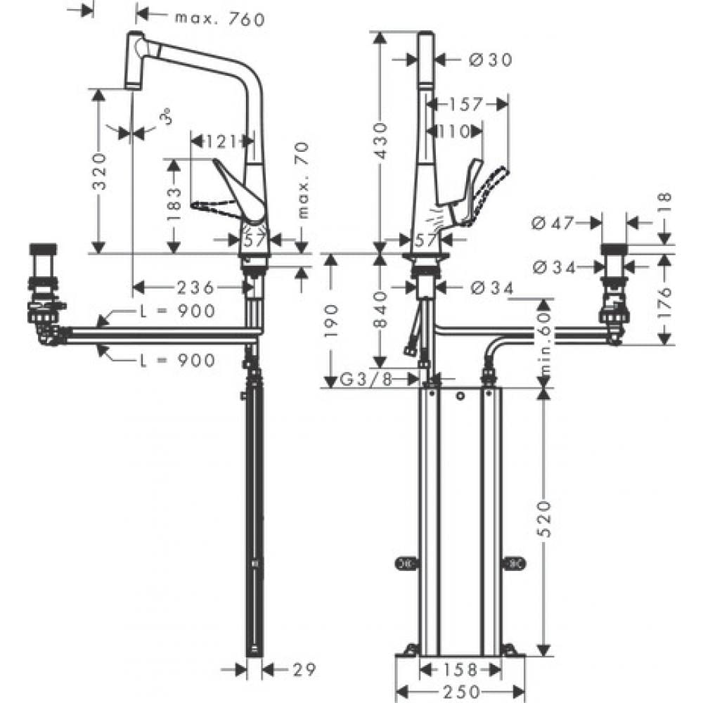 Смеситель для кухни hansgrohe Metris Select M71 320 2jet sBox 73806800 на 2 отверстия с вытяжным душем сталь