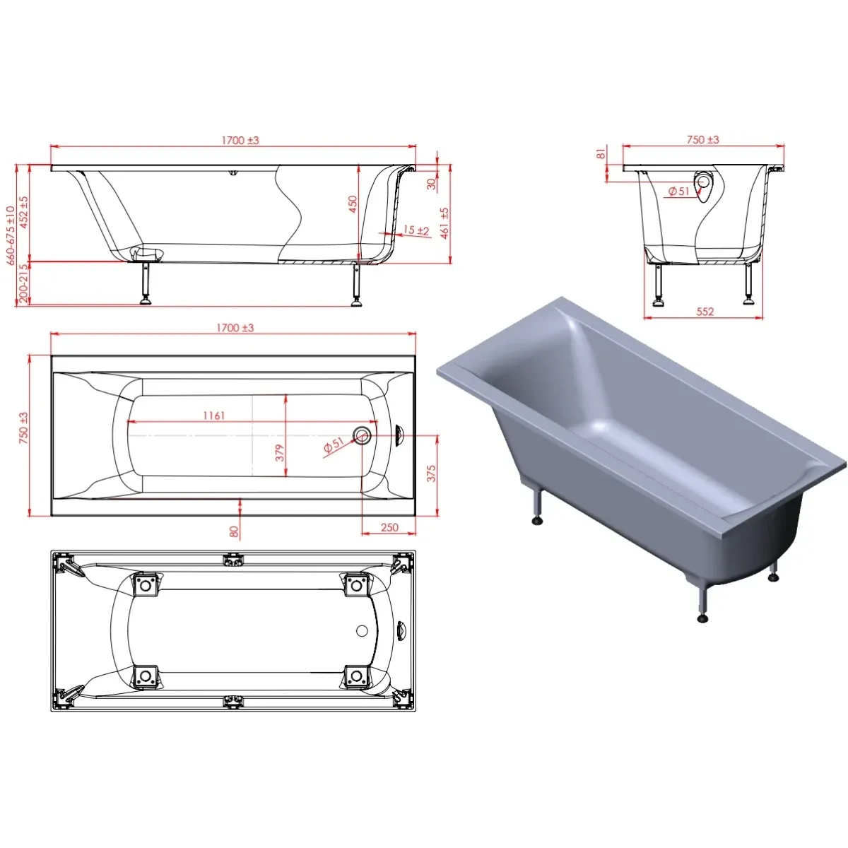 Ванна из литьевого мрамора Astra-Form Нью-Форм Solid Surface 01010060 170x75 см, белый матовый