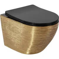 Унитаз подвесной Rea Carlo Mini REA-C3300 безободковый, с сиденьем микролифт, черный глянец/золотой матовый