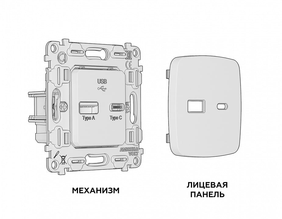 Розетка 2хUSB type A и C без рамки Ambrella Volt OMEGA MO661010