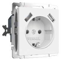 Розетка с заземлением и со шторками и 2хUSB без рамки Werkel белый матовый W1171561