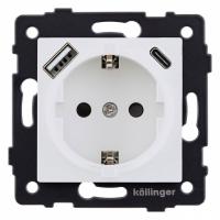 Розетка с заземлением и со шторкой и 2хUSB type A и C, без рамки Kollinger  REA-004WM