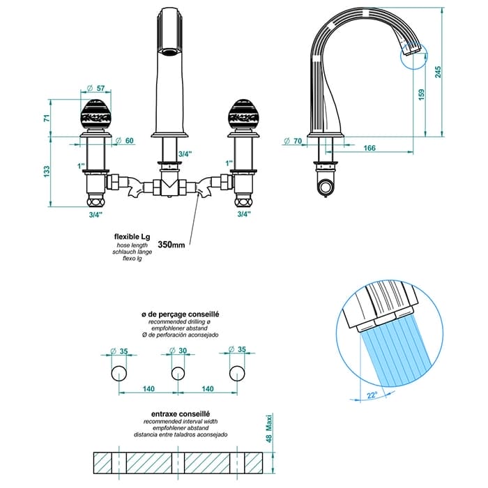 Смеситель для ванны THG Marquise blanc dcor Platine A7G.A02.25SG