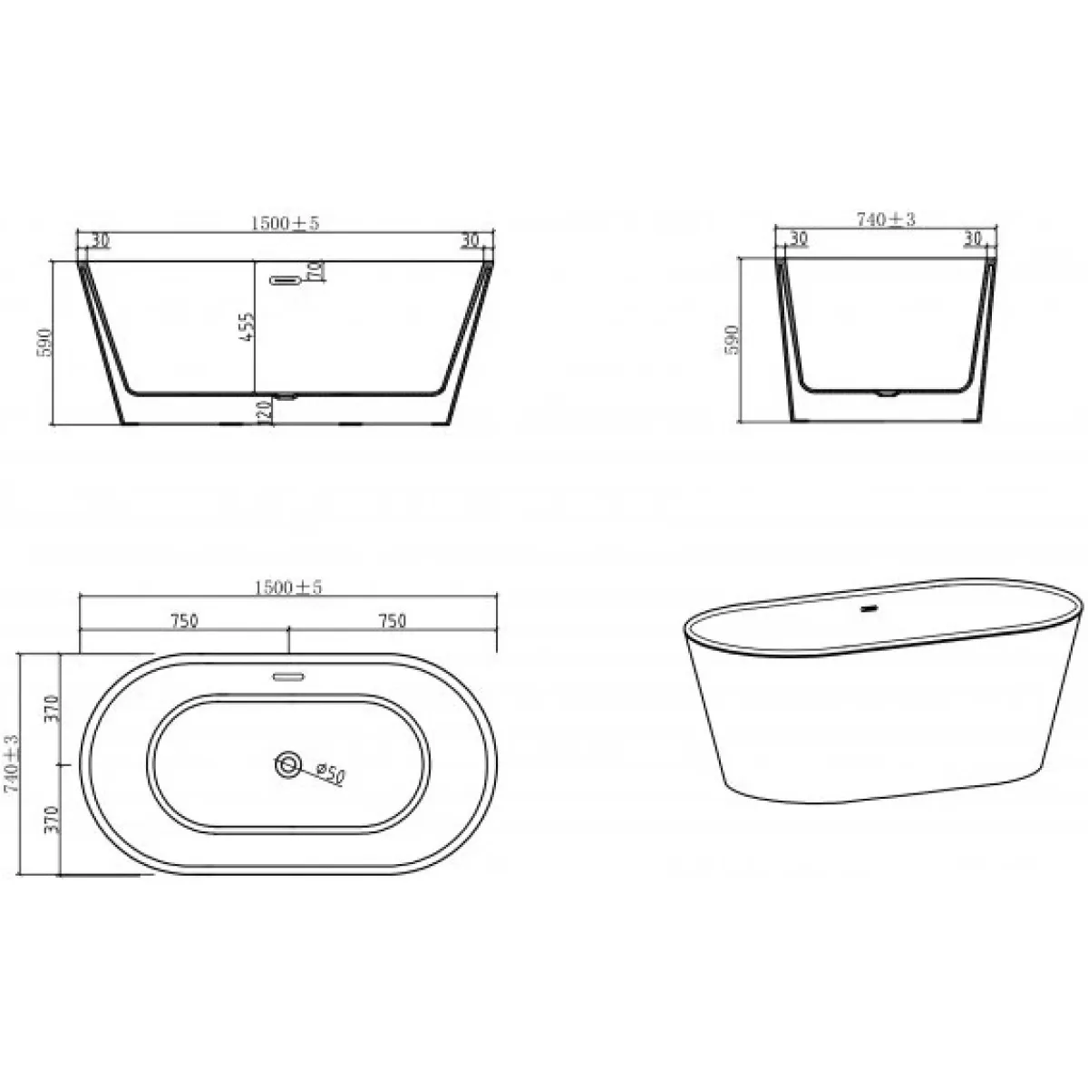 Акриловая ванна BelBagno BB202-1500-750 150x74 см, отдельностоящая, белый