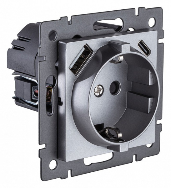 Розетка с заземлением и со шторкой и 2хUSB type A и C, без рамки Kollinger  REA-004GY