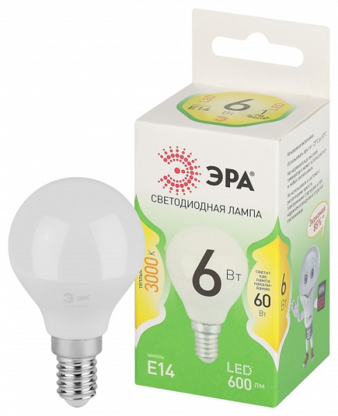 Лампа светодиодная Эра Green Line E14 6Вт 3000K LED P45-6W-830-E14 GL