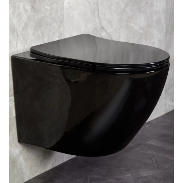 Унитаз подвесной CeramaLux 2197B-18 безободковый, с сиденьем микролифт, черный глянец