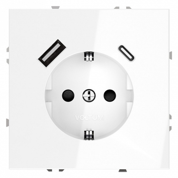 Розетка с заземлением и со шторкой и 2хUSB type A и C без рамки Voltum S70 VLS040501