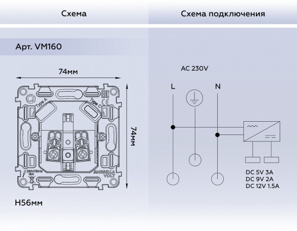 Механизм розетки с заземлением и 2хUSB type A и C Ambrella Volt Quant VM160