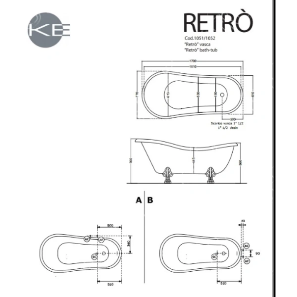 Ванна из литьевого мрамора Kerasan Retro 105591 170x77см, отдельностоящая, белый