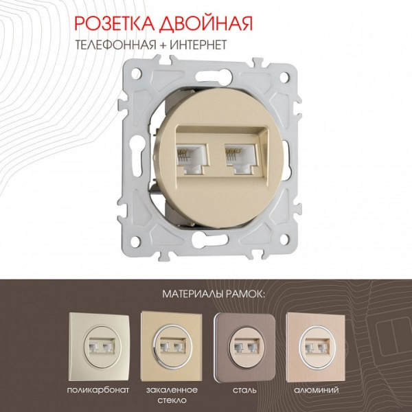Розетка двойная RJ-11 и Ethernet RJ-45 без рамки Arte Milano am-202 202.44-1.shampan