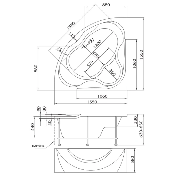 Акриловая ванна 155x155 см 1Marka Luxe 01лю1515