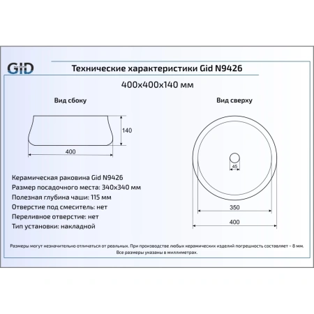 Раковина 40x40 см GID Simple N N9426