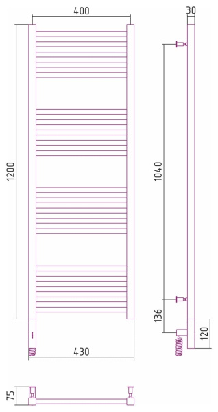 Полотенцесушитель электрический Сунержа Модус 3.0 1200х400 МЭМ левый 051-5700-1240 состаренная латунь