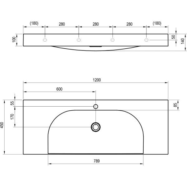 Раковина Ravak Lite XJX01212000 120x45 см S, накладная, подвесная, белый