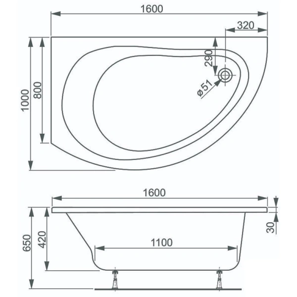 Акриловая ванна 160x100 см R Vagnerplast Corona VPBA168CRN3PX-04