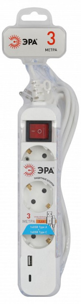 Удлинитель с выключателем Эра  UB-3es-3m-USB