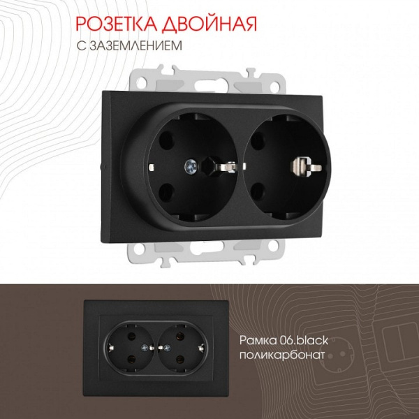 Розетка двойная с заземлением без рамки Arte Milano am-206 206.40-2.black
