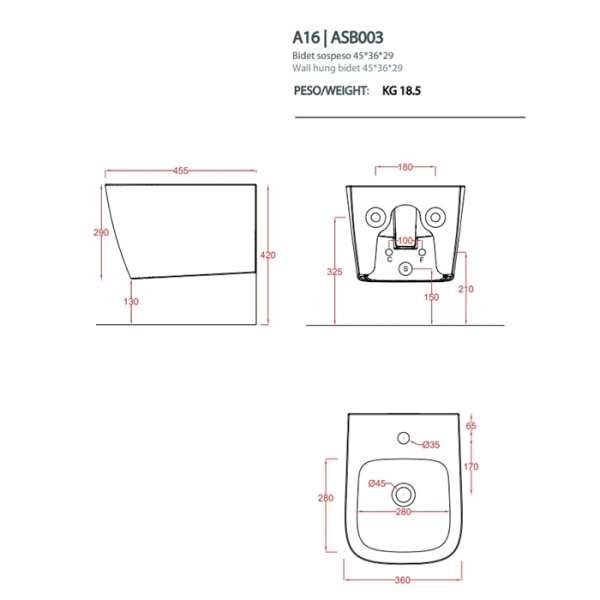 Биде подвесное Artceram A16 ASB003 01 00
