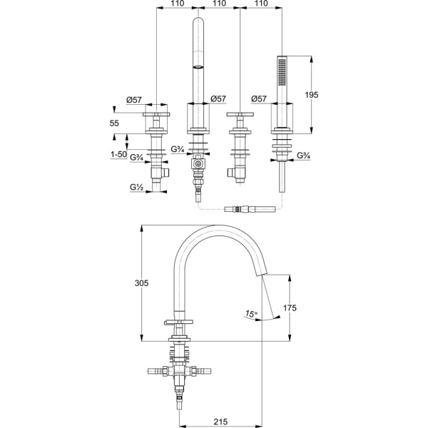 Смеситель для ванны и душа Kludi Nova Fonte 204250520 с душевым гарнитуром
