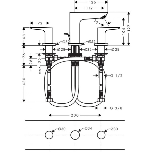 Смеситель для раковины hansgrohe Talis E 71733670 на 3 отверстия со сливным гарнитуром матовый черный