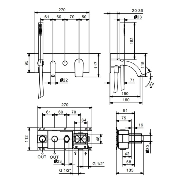 Смеситель для ванны Fantini Myo 61 02 V620B
