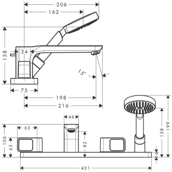 Смеситель на борт ванны Axor Urquiola 11445000 с душевым гарнитуром