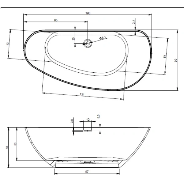 Ванна из литьевого мрамора Riho Granada B122001105 190x90 см, отдельностоящая, белый
