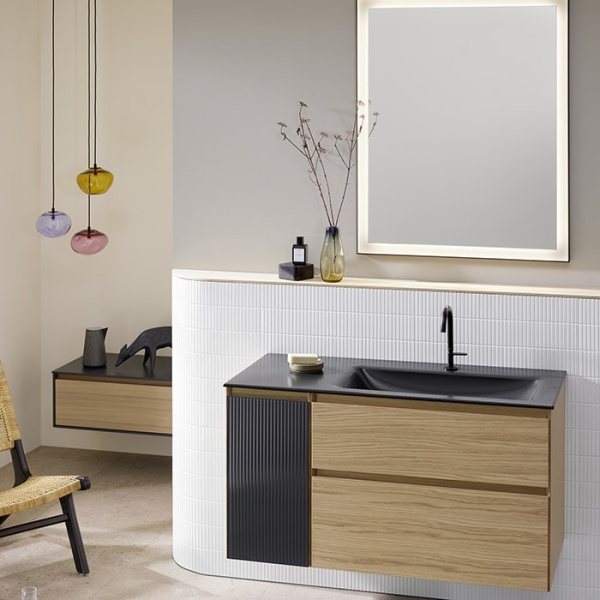 Тумба с раковиной Burgbad Accura 112 SGVI111R F6077 C0038 левая натуральный дуб/антрацит/черный матовый