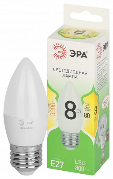 Лампа светодиодная Эра Green Line E27 8Вт 3000K LED B35-8W-830-E27 GL