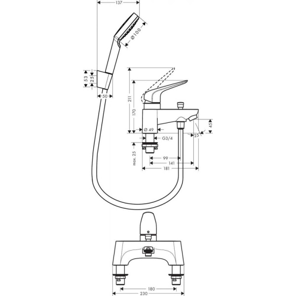Смеситель для ванны hansgrohe Novus 71044000 с душем