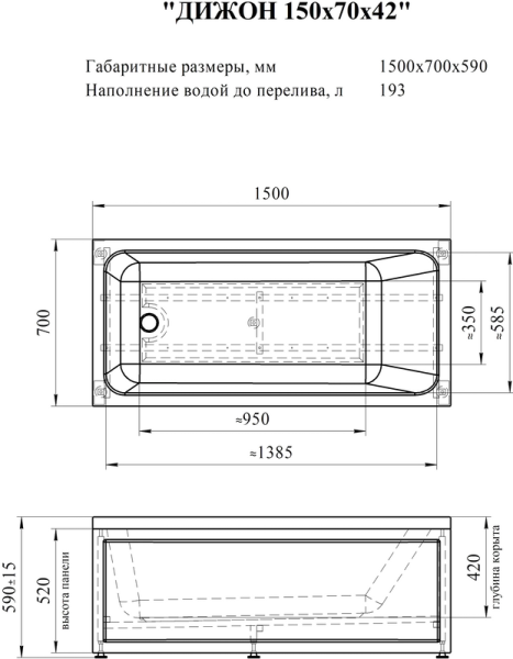 Акриловая ванна Радомир Дижон 150х70 2-01-0-0-1-262Р белый