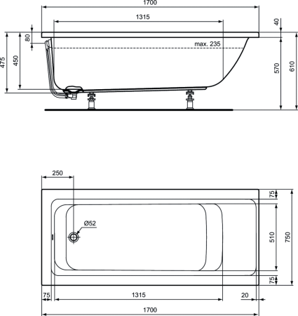 Акриловая ванна Ideal Standard Connect Air E106401 170x75