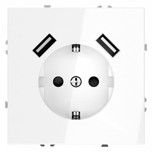 Розетка с заземлением и со шторкой и 2хUSB type A без рамки Voltum S70 VLS040401