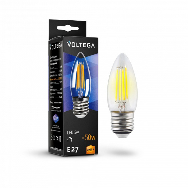 Лампа светодиодная Voltega свеча диммируемая (Candle dim) 5Вт E27 5Вт 3000K 8462