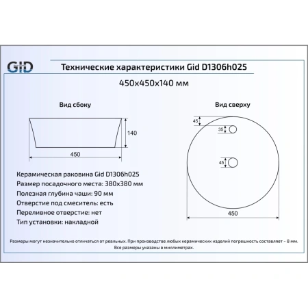 Раковина 45x45 см GID LuxeLine D1306h025