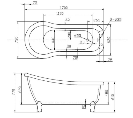 Акриловая ванна BelBagno BB20-1700 отдельностоящая