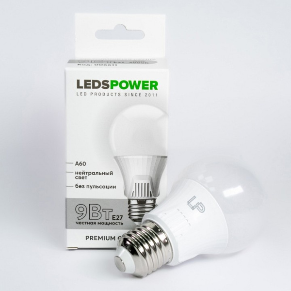 Лампа светодиодная LEDS POWER A60 E27 9Вт 4000K 006611